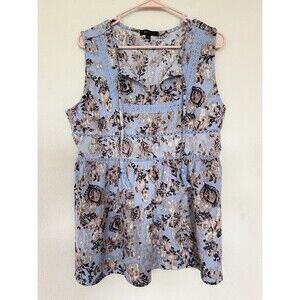 Frye Slate Blue Floral Print Sleeveless Boho Tassel Top Blouse Size L Peasant